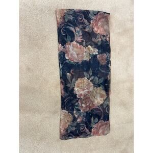 Sheer floral scarf black with pinky/peach roses 54" by 11"
